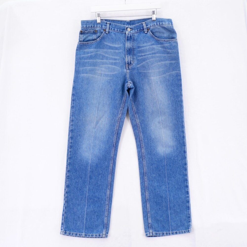 Express Blue Stone Wash Whisker Denim Jeans 36 / 32 Mid Rise Straight Leg Cotton